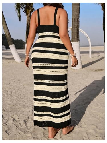 WDIRARA Women's Plus Size Striped Crochet Bodycon Dress V Neck Sleeveless Knit Maxi Dresses2