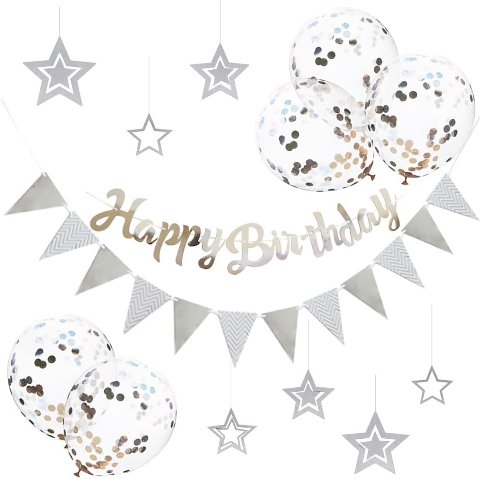 誕生日 バルーン 飾り付け 風船セット ハッピー バースデー HAPPY BIRTHDAYガーランド ハート風船 紙吹雪風船 ドットシール 装飾 パーティー お祝い サプライズ (シルバー)