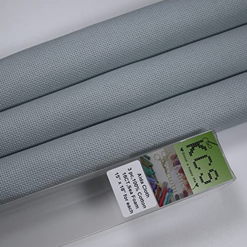 Image of KCS 3 pc of 15 inch x 18 inch Counted Cross Stitch Cotton Aida Cloth Needlework Rolled Fabric Box,16CT,Sea Foam
