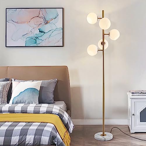 Image of BOKT Gold Mid Century Modern Floor Lamp 5-Lights Glass Globe Floor Lamp Antique Brass Floor Lamps Contemporary Tall Free Standing Reading Lamp for Bedroom Living Room