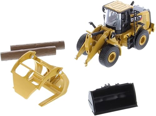 Miniatura 9 de Diecast Masters 164 Caterpillar CAT 950M Cargadora de ruedas con horquilla de troncos, cucharón y 2 postes de troncos 85635