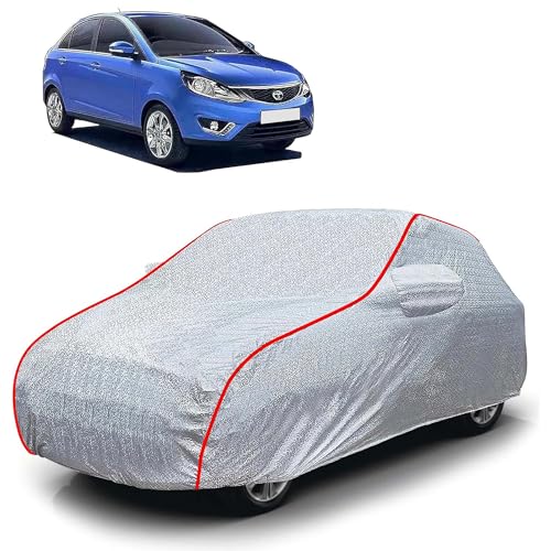 Image of Sulfar 100% Waterproof Car Body Cover Compatible with Mirror for Tata Zest (Triple Stitched, Full Bottom Elastic, Magic Silver with Red Piping)