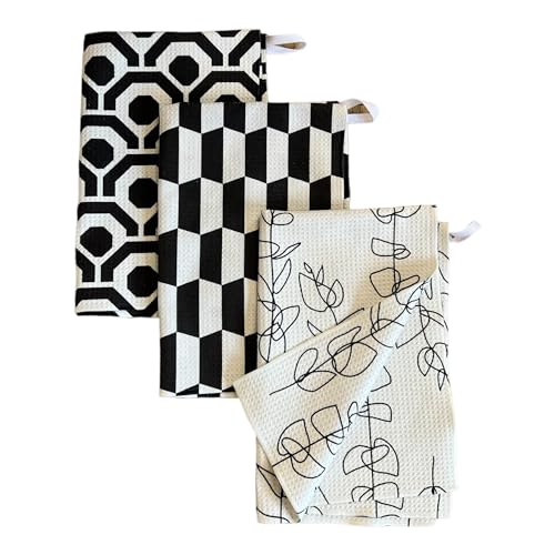 Desert Aqua || 3 Pack|| Double Sided || Not Your Ordinary Dish Towels || Waffle Weave Microfiber || Highly Absorbent || Hanging Loop || Dish Cloths || Modern || Designer Prints (Black)