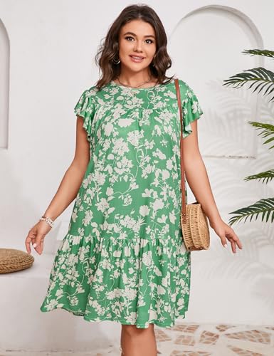 Image of ShopWonder Womens Plus Size Dress Crew Neck Ruffle Sleeve Casual Swing Flowy Tiered Midi T Shirt Dresses with Pockets