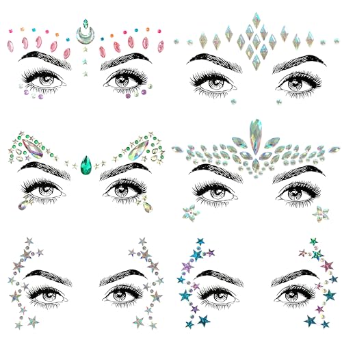 SHINEYES 6 piezas de joyas faciales para festivales de música, gemas de diamantes de imitación con purpurina, calcomanías faciales de cristal para fiesta de cumpleaños, tatuajes temporales de ojos y