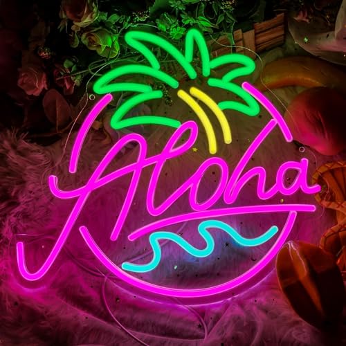 Image of Aloha Palm Tree Neon Sign for Beach Party, Tropical Summer Aloha Led Sign for Hawaiian Tiki Bar Wall Decor, Pink Blue Green Aloha Wave Coconut Light Up Sign for Holiday Hawaii Beer Bar Decorations