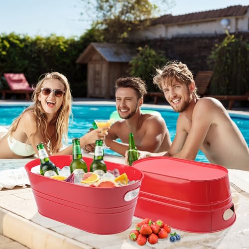 GENHAKON 2-Pack 3 Gallon Red Metal Beverage Tub, Galvanized drink Tub for Parties, Large Beverage Ice Tub with Carry Handles, Rust-Resistant Outdoor Champagne Cooler (15.3 × 9 × 6 in, Red) by GENHAKON - Used condition - Image 6