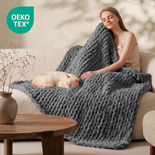 Image of L'AGRATY Chunky Knit Throw Blanket for Couch, 50 x 70 Inches, Dark Grey