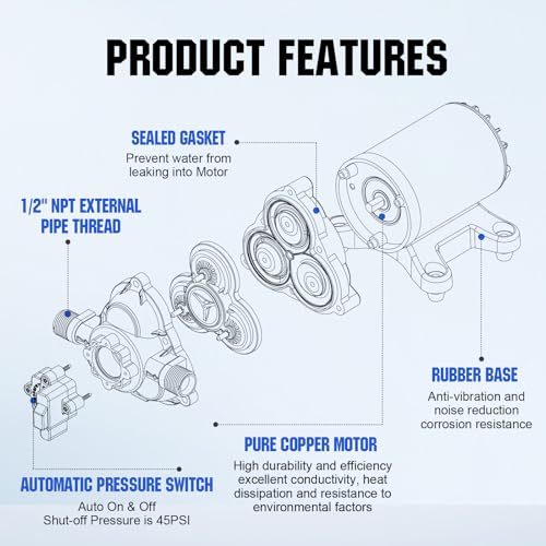 Image of ECO-WORTHY RV Fresh Water Pump 12V DC 3.5GPM 45PSI with Pressure Switch, 12Volt Self Priming Water Pressure Diaphragm Pump On demand for RV Yacht Camper Sprayer Food Truck Black