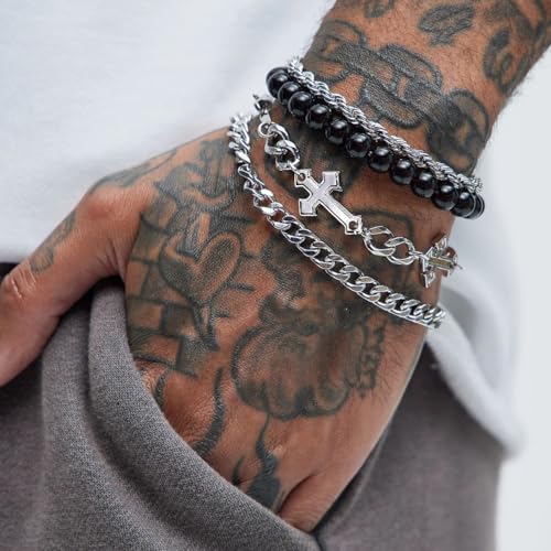 4 PCS Stainless Steel Cross Bracelets for Men Women Stainless Steel Cuban Link Bracelet Handmade Bead Link Punk Style Stackable Layered Cross Chain Bracelet Set Adjustable Punk Jewelry for Men2