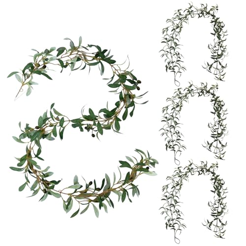 4 Pack Artificial Olive Garland 6.2 Long Faux Silk Leaf Olive Leaves Vines Greenery Garland with Fruit Spring Summer All Season for Wedding Arch Indoor Outdoor Wall Decoration