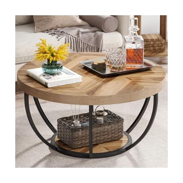 Tribesigns Table basse ronde de cocktail industrielle moderne à 2 niveaux avec étagères, table d'appoint de canapé circulaire avec pieds en métal pour le salon, la maison, grain de bois