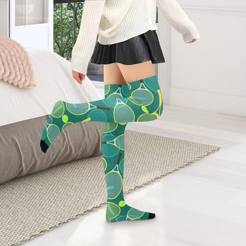 Image of Colourful Tennis Racquets and Tennis Balls Women's Thigh High Socks Long Over Knee Socks Thick Leg Warm Boot Stockings