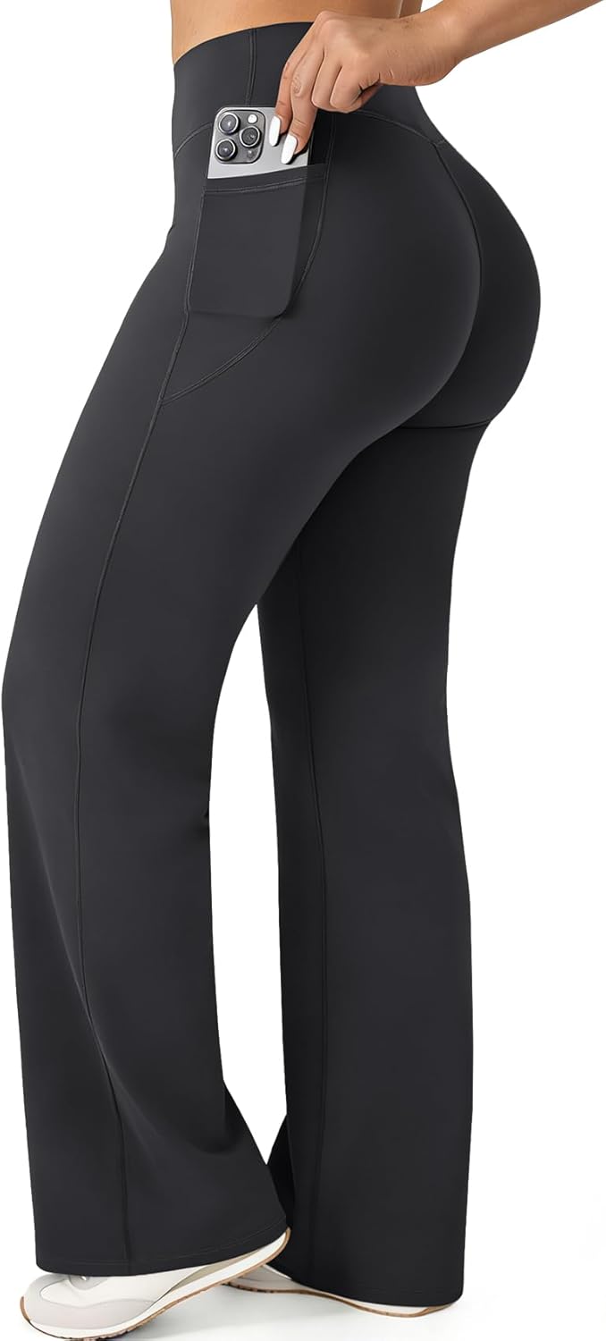 JGS1996 Straight Leg Leggings with Pockets for Women Wide Leg Yoga Pants Casual Sweatpants No Front Seam Gym Workout Leggings