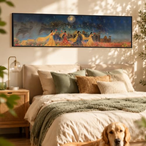 Image of PAINTINGMANTRA Moonlight Night Mughal Wall Painting, Indian Traditional Wall Art Paintingfor Living Room, Home and Office Wall Decoration (13x47 Inch)