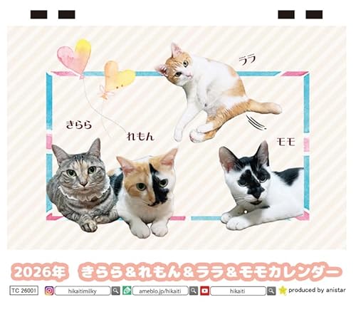【予約販売】 きらら＆れもん＆ララ＆＆モモ 猫 2026年 卓上カレンダー TC26229のサムネイル