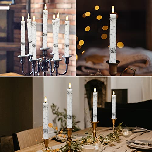 Image of Birch Bark Flameless Taper Candles with 3D Wick, 9.6 inch Real Wax LED Candles | Flickering Candlesticks Battery Operated, Electric Candle with 2 Remote & Timer, For Home, Wedding, Party, Decor, 6 Pack