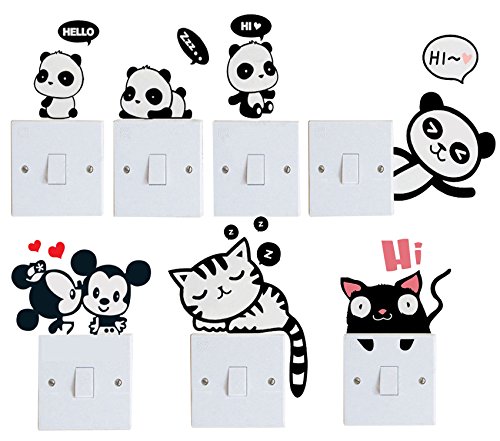 Efivs Arts 7 Pcs Cute Animals Removable Creative Light Switch Decals Bedroom Wall Laptop Stickers,Black