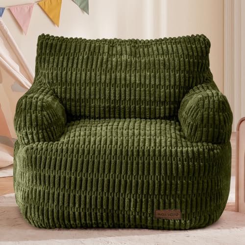 Image of MAXYOYO Kids Bean Bag Chair, Stuffed Toddler Bean Bag Sofa with Filler | Bean Bag Chair for Boys and Girls, Boho Striped Fabric Lazy Sofa with Pocket Floor Chair for Gaming, Reading, Dark Green
