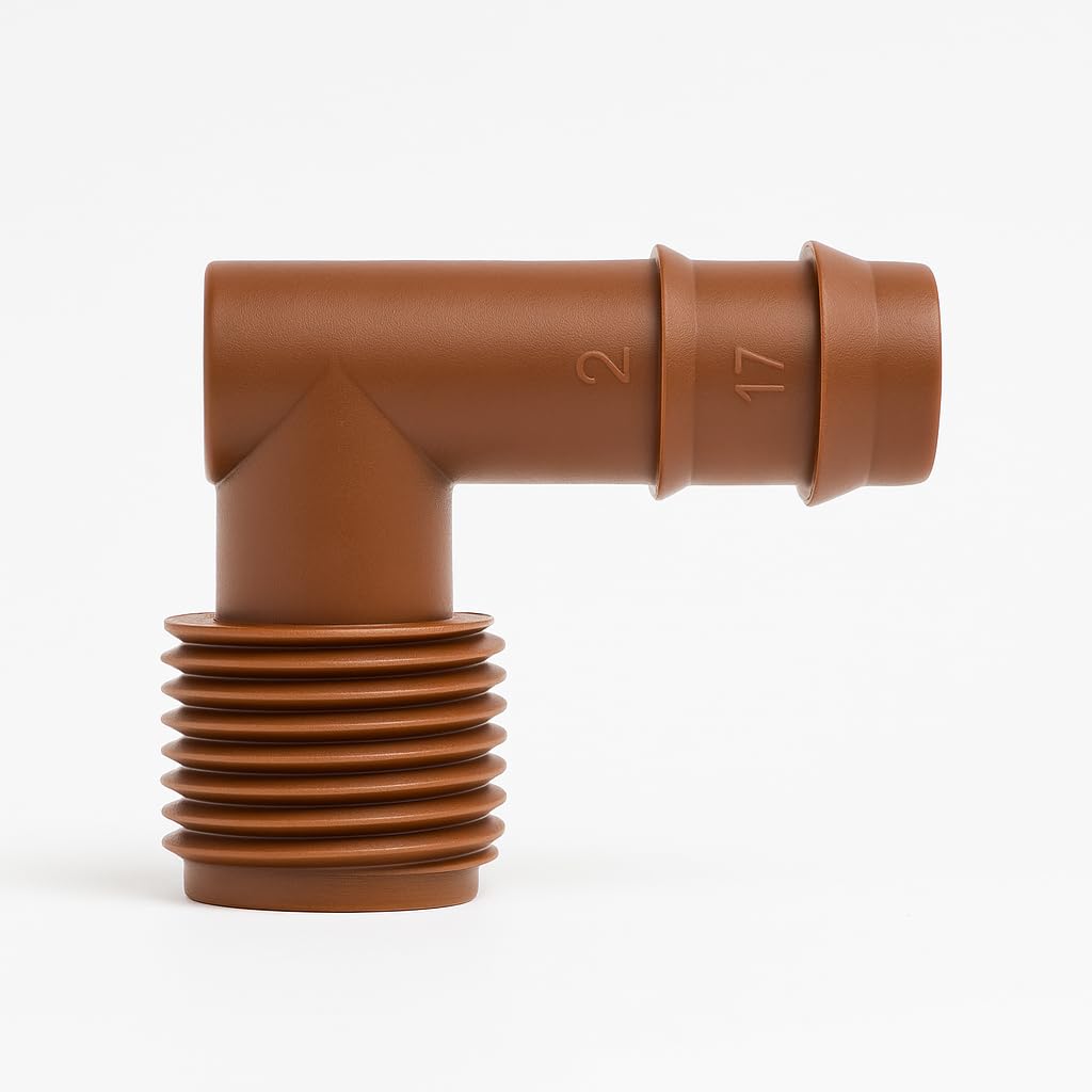 1/2" Barbed Fittings (.600" ID) - 17mm Brown - 10 Pack Irrigation Connectors for Drip Tubing and Garden Hoses (ADAPTER ELBOW)