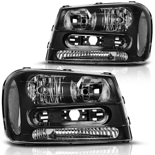 PENSUN Headlights Assembly Fit for 2002-2009 Chevy Trailblazer Pair of Headlamps Replacement (Black Housing with Clear Reflectors)