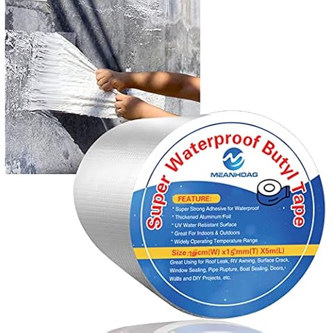 MEANHDAG Super Waterproof Butyl Tape and Patch for Seal Repair, Adhesive Duct Tape with Aluminium for Pool Metal RV Roof Pipe Awning Hose Window, 4 in by 16-1/2 FT Cover