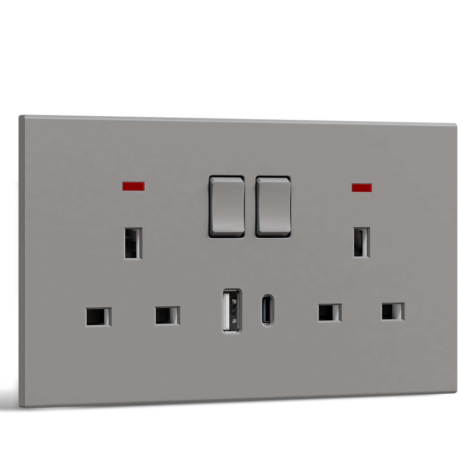 BSEED Double Socket with USB C, Electrical Double Switched Power Plug Wall Socket with LED Indicator, PC Wall Plate Outlet, Grey, 13A