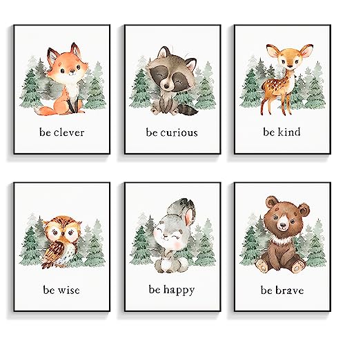 Image of gooptyinh Framed Woodland Nursery Animal Canvas Wall Art, 6 Piece Inspirational Forest Animals Print Posters, Motivational Quotes Cute Bear Fox Rabbit Deer Raccoon Owl Decor for Baby Bedroom 8x10in