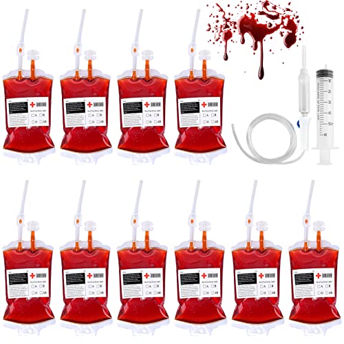 TOPJOWGA Bolsas de Sangre, Bolsa Beber Sangre Halloween, Bolsa de Sangre Reutilizable con Jeringuilla y Tubo de Infusión, Contenedor de Bebidas para Halloween, Cosplay, Fiesta de Vampiro (10PCS) Cover