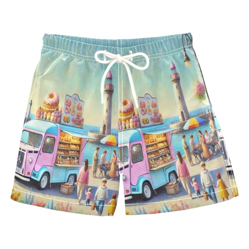 Seaside Dessert Truck Boys Swim Trunks Quick Dry Toddler Swimsuit Boy Swimwear Board Shorts Bathing Suits XL Multi