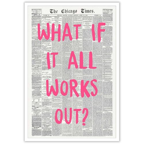 Image of Drimiler What If It All Works Out Poster Retro Newspaper Pink Font Canvas Wall Art Positive Affirming Quote Minimalist Prints Painting For Home Bedroom Dorm Wall Decor 8x12in Unframed