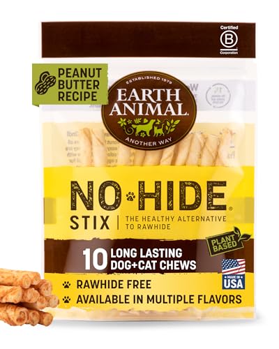 Earth Animal No Hide Stix - Long Lasting Rawhide Free Small Dog Chews Sticks, Peanut Butter - 10 Count