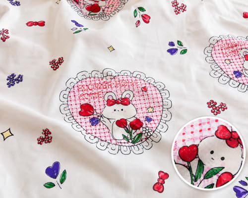 Image of Queen Size Bedsheet and Pillow Case Set - 3 Piece Super Soft Cotton Printed Bed Sheet, Cute Girly Floral & Bunny Pattern, Lightweight & Breathable (Queen, 90 inch x 100 inch)