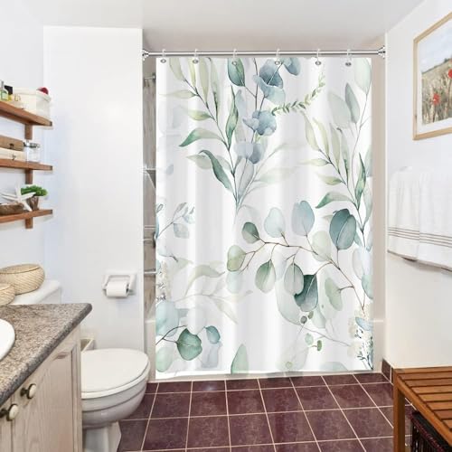 Uiiooazy Cortina de Ducha Eucalipto, Cortina de Ducha Hojas Verde Planta Motivo Cortina para Baño Anti Moho Impermeable Tela de Poliéster Lavado Cortina de Ducha para Bañera con Ganchos 150x180cm