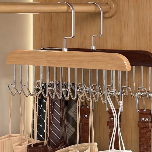 Wooden Hangers, 2 PCS Multifunctional High Load-Bearing Rust Resistant Space Saving Belt Hanger with 8 Hooks,360 ° Rotating Top Hook Wear-Resistant Without Nails Tie Rack for Ties Scarves Belts，Beige - image 7