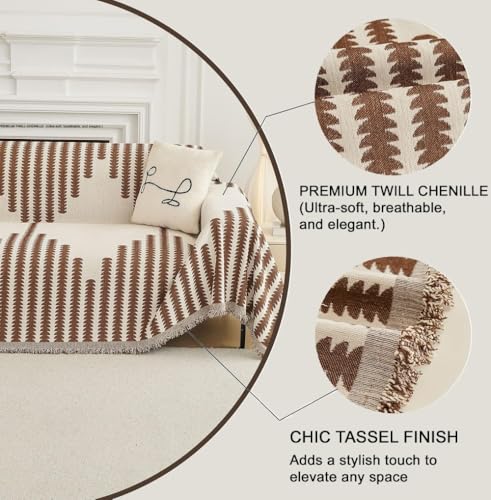 Image of The Furnishing Tree Reversible Double Sided Chenille Sofa Cover, Anti-Slip Couch Cover, Comfy Sofa Towel for All Seasons, 5 Seater (3+1+1), Brown