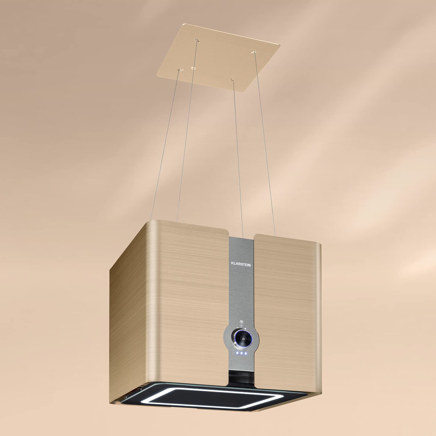 KLARSTEIN Futurelight Smart Wiszący okap - Okap do recyklingu powietrza o mocy odpływu 420 m³/h, wyspa do recyklingu z oświetleniem LED, stal nierdzewna - złoty