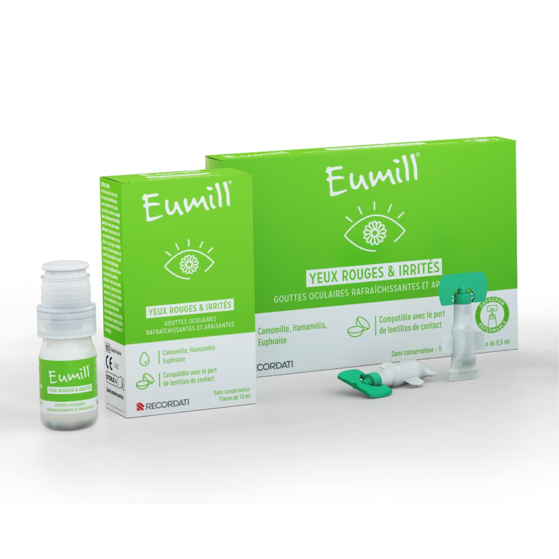 EUMILL | Yeux rouges & irrités | Gouttes oculaires rafraîchissantes et apaisantes | Réduisent rougeurs & apaisent les irritations | Compatibles avec lentilles de contact | Lot de 4x10 unidoses 0,5ml