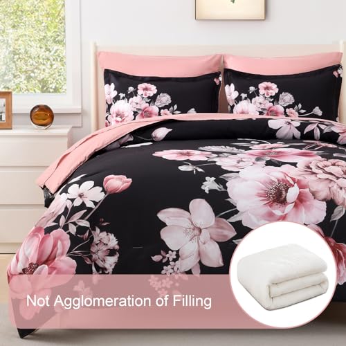Image of Floral King Size Comforter Set - 7 Piece Botanical Black and Pink Bed in a Bag Ulter Soft Microfiber Bedding Set, Lightweight Bed Comforter Set with Sheets for All Season (Black, King)