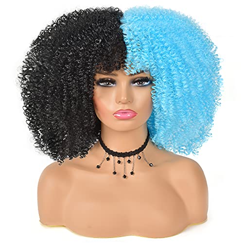 Curly Wig Afro Wigs with Bangs for Black Women Ombre Brown Afro Kinky Curly Synthetic Cheap Wig 14 Inch Bomb Short Wigs Shoulder Length full Wig (black and blue)