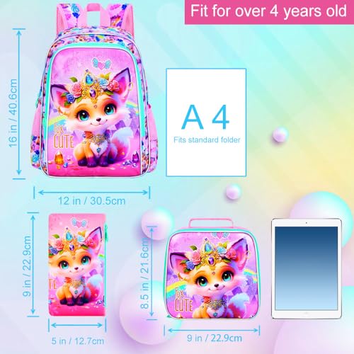 Image of 16 inch Backpack for Girls, 3Pcs Fox Kids Bookbag with Lunch Box,School Backpacks for Elementary Preschool Kindergarten (Pink)