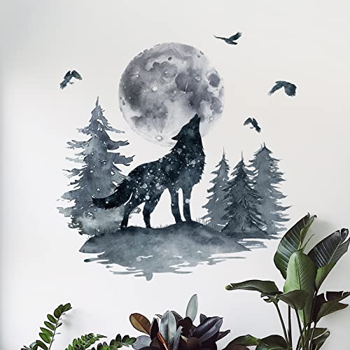 Image of Mfault Wolf Moon Wall Decals Stickers, Forest Howling Animal Nursery Decorations Boy Bedroom Living Room Ink Art, Watercolor Toddlers Kids Room Decor Gifts