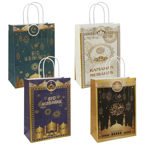Eid Mubarak Gift Bags with Handles - 12 Pcs Ramadan Paper Gift Bags Mosque Moon Star Reusable Party Favor Candy Goodie Bag for Muslim Eid al-Fitr Festival Celebration