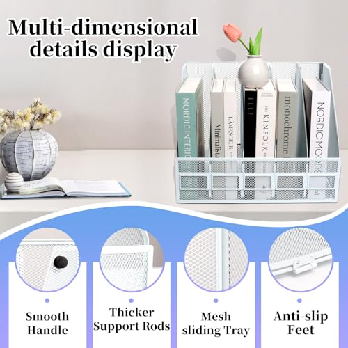 Hmxljjy Mesh Metal A4 Magazine File Holder, Desktop 5 Sections Document Holder Office File Storage Rack For Desk Tidy, Paper Organiser Filing Rack,5 Compartments,(White) - 3