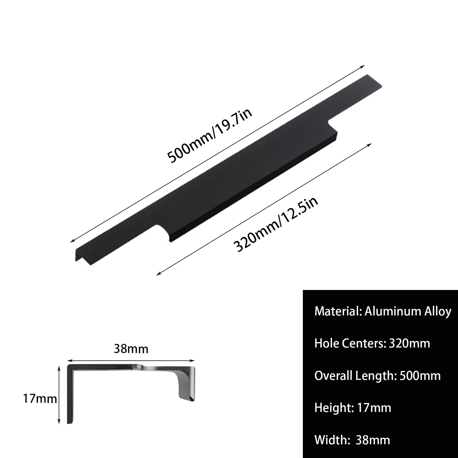 Tiradores Muebles Negros, 2 Piezas Tiradores Cocina Aleación de Aluminio | Anodizado, Tirador Armarios Centros: 160-800mm Tirador de Puerta Manijas de Cajones Gabinete Ocultos 320mm/12.5in