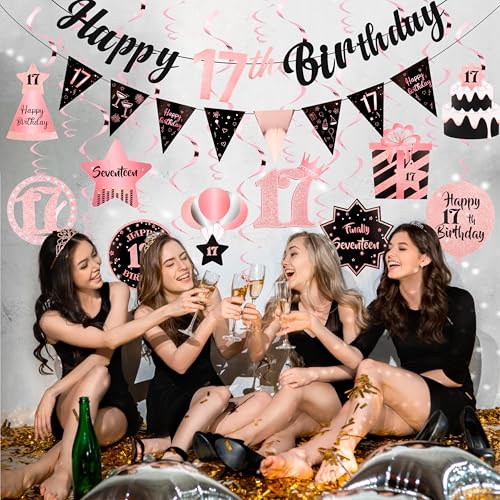 Image of 17th Birthday Decorations for Girls Rose Gold Pink Pre Assembled Happy Birthday Banner and Hanging Swirls 17 Years Old Party Decorations Supplies 17th Birthday Gifts for Girls