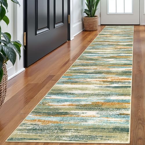 Lansny Modern Abstract Runner Rug 2x10, Green Mustard Multi Washable