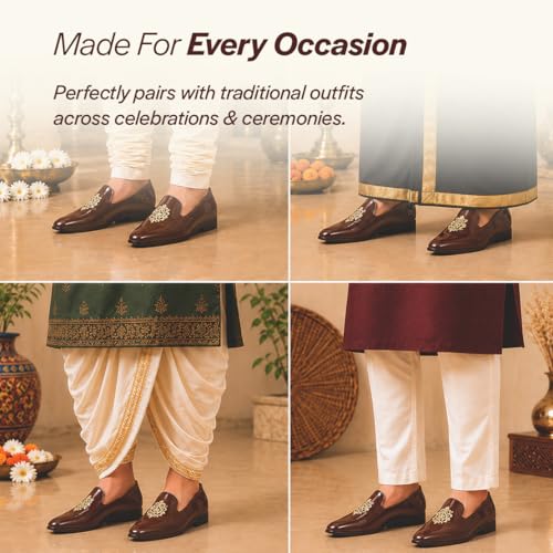 Image of FAUSTO Men's Patent Glossy Ethnic Embroidered Design Slip On Shiny Juttis & Mojaris for Party|Wedding|Festival