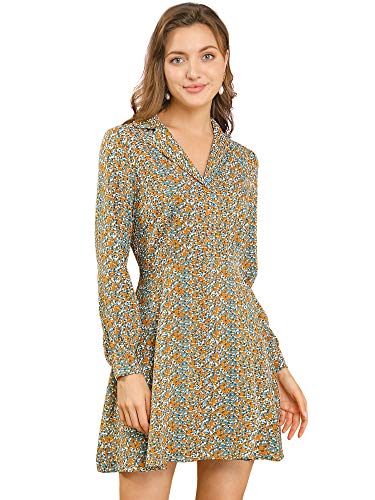 Allegra K Women's Mini Floral Dresses Fit and Flare Long Sleeve Camp Collar Button Down Shirt Dress Medium Blue