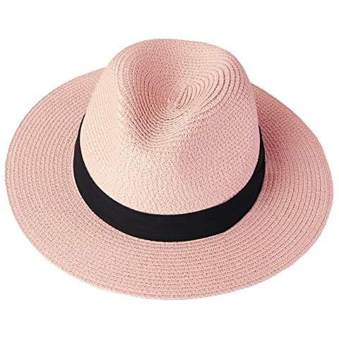 Unaone Sun Hats for Women Panama Hat, Mountain Straw Hat with Band, Rollable Panama Hat Made of Straw, Sun Hats,Fedora Summer Hat, Straw, Adjustable Summer Hat, Beach Hat for Men and Women,Pink Cover
